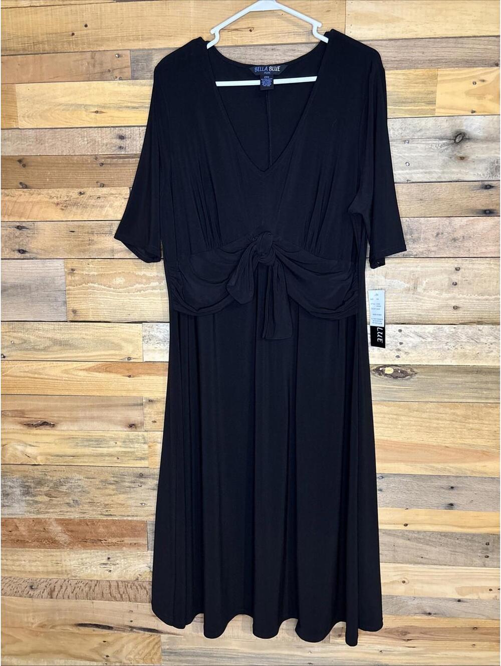 Bella Blue Dress Women's NWT Plus Size 20 Black Stretch Short Sleeve Midi V Neck